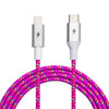 Introducing the 10 ft (3m) Festival USB-C to Lightning Cable by ChargeCords—a braided, magenta cable featuring a silver lightning bolt emblem on both connectors. This Apple MFi Certified cable boasts a colorful woven exterior with blue, white, and red accents. Enjoy faster charging for your iPhone against a plain white background.