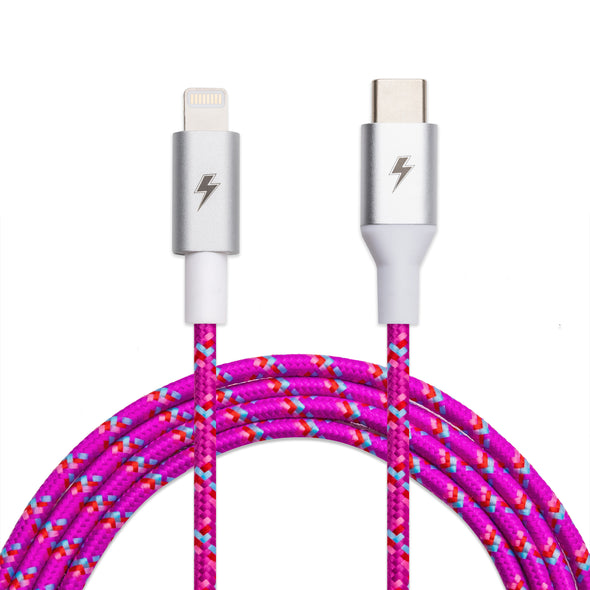 Introducing the 10 ft (3m) Festival USB-C to Lightning Cable by ChargeCords—a braided, magenta cable featuring a silver lightning bolt emblem on both connectors. This Apple MFi Certified cable boasts a colorful woven exterior with blue, white, and red accents. Enjoy faster charging for your iPhone against a plain white background.