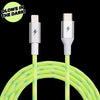 Introducing the Lime USB-C to Lightning Cable by ChargeCords! This 10 ft (3m) cable features a green, glow-in-the-dark design with a USB-C connector on one end and a lightning connector on the other. Each connector boasts a silver casing adorned with a lightning bolt symbol. Charge your iPhone up to 2x faster! The text "GLOWS IN THE DARK!" is prominently displayed in a circle at the top left corner.