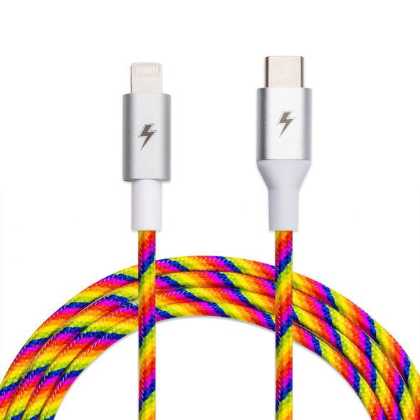Introducing the Rainbow USB-C to Lightning Cable from ChargeCords. This 10 ft / 3m long, Apple MFi Certified iPhone charging cable boasts a Lightning connector on one end and a USB-C connector on the other. The braided design features vibrant strands in red, orange, yellow, green, blue, and purple hues with sleek metallic silver connectors accented by an eye-catching lightning bolt symbol.