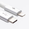 Two types of charging cables are shown against a white background. The cable on the left features a USB-C connector, while the cable on the right is the ChargeCords Festival USB-C to Lightning Cable [10 ft / 3m length], an Apple MFi Certified cable designed to charge your iPhone faster. Both cables have a metallic finish near the connector ends, with corresponding symbols printed on them.