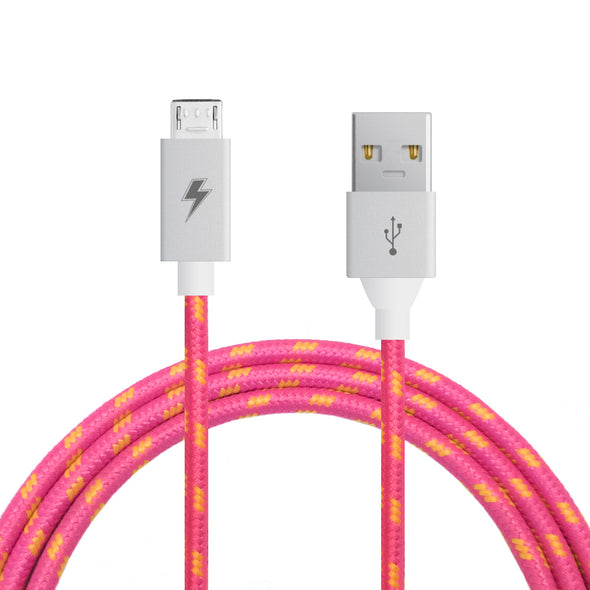 Introducing the Pink Lemonade Micro USB Cable from ChargeCords: a braided cable boasting a vibrant pink and yellow pattern. It features a USB-A connector on one end and a micro USB connector with a distinctive lightning bolt symbol on the other. Engineered with tangle-proof fabric and reinforced aluminum shielding, this cable offers exceptional durability. The cable comes neatly coiled in a loop, ready for use.