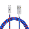 Introducing the ChargeCords Varsity Micro USB Cable: a blue and red braided, tangle-proof charging solution featuring a Micro USB connector with a lightning bolt symbol on one end and a USB-A connector with a USB symbol on the other. The cable boasts reinforced aluminum housing for added durability.