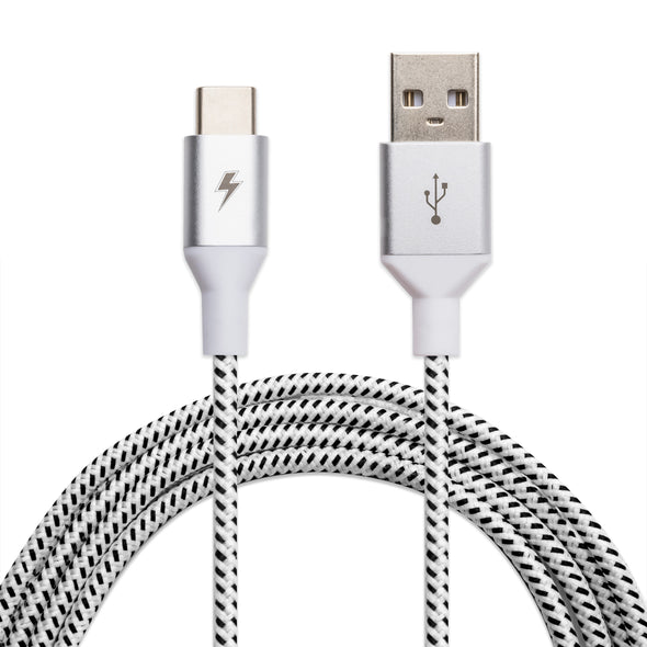 A ChargeCords Black and White USB-C to USB-A Cable lies on a white background. The USB-A connector displays the standard USB symbol, while the USB-C connector boasts a lightning bolt icon. The cable's rugged, tangle-proof fabric features a white base with black speckles for a patterned appearance.