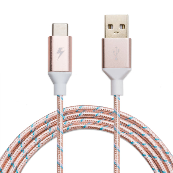 Introducing the ChargeCords Rose Gold USB-C to USB-A Cable: This durable braided charging cable features a USB Type-A connector on one end and a USB 3.1 C connector on the other. The connectors are styled in an elegant metallic rose gold, while the cable showcases a vibrant pink and blue woven design with rugged fabric for enhanced durability.