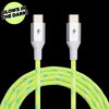 The Lime USB-C to USB-C Cable by ChargeCords is a 6 ft (1.8m) green braided cable with silver connectors featuring a lightning bolt symbol. The black background enhances the "GLOWS IN THE DARK!" text, displayed in white and black font inside a green circle in the top left corner. Made from tangle-proof fabric, it ensures hassle-free use with compatible devices.