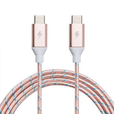 ChargeCords' Rose Gold USB-C to USB-C Cable [6 ft / 1.8m length] features a durable, tangle-proof braided design in pink and white. Each end is equipped with a USB-C connector encased in metallic housing that displays a lightning bolt symbol, making it an ideal accessory for USB 3.1 enabled devices.