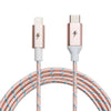 Introducing the Rose Gold USB-C to Lightning Cable by ChargeCords, a 10 ft (3m) braided cable with Apple MFi Certification. It features a stylish pink and white design with blue accents and is equipped with metal-cased connectors on each end: a USB-C connector on one side and a Lightning connector on the other, both showcasing a subtle lightning bolt symbol.