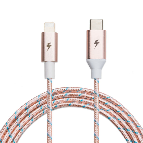 Introducing the Rose Gold USB-C to Lightning Cable by ChargeCords, a 10 ft (3m) braided cable with Apple MFi Certification. It features a stylish pink and white design with blue accents and is equipped with metal-cased connectors on each end: a USB-C connector on one side and a Lightning connector on the other, both showcasing a subtle lightning bolt symbol.