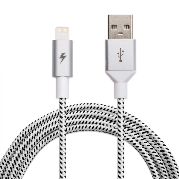 The ChargeCords Black and White Lightning Cable [12 inch / .3m length] is a braided, Apple MFi Certified cable featuring a USB-A connector on one end and a Lightning connector on the other. The metal-cased connectors display respective symbols; a lightning bolt on the Lightning end and the USB symbol on the opposite. Compatible with iPhone devices.