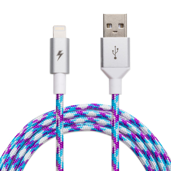 A close-up image of the ChargeCords Jazz Lightning Cable [5 ft / 1.5m length], featuring a braided exterior in a blue, purple, and white woven pattern. The Apple MFi Certified cable is compatible with iPhone and iPad, with the Lightning connector displaying a lightning bolt symbol and the USB connector showcasing a USB symbol.