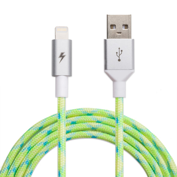A close-up image of the ChargeCords Lime Glow Lightning Cable featuring a 10 feet (3m) braided design with a green and yellow pattern. One end has a USB connector, and the other end has an Apple MFi Certified lightning connector. The connectors are silver with reinforced aluminum shielding, showcasing USB and lightning symbols.