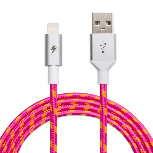 A close-up image of the ChargeCords Pink Lemonade Lightning Cable [5 ft / 1.5m length] with a braided pink, yellow, and white pattern. The rugged tangle-proof stylish fabric adds durability. Compatible with iPhone and iPad, the Lightning connector features a lightning bolt symbol, while the USB connector displays a USB symbol. This cable is Apple MFi Certified.