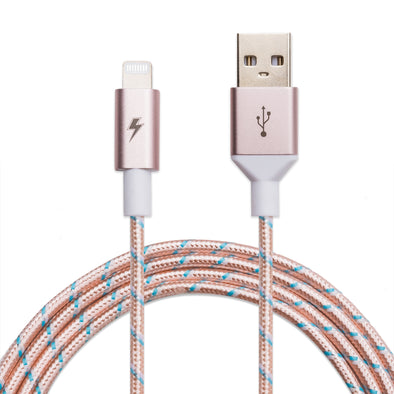 A close-up image of the ChargeCords Rose Gold Lightning Cable [12 inch / .3m length], showcasing its braided design with metal connectors. The USB end is on the right, displaying a USB symbol, while the Lightning end is on the left, featuring a lightning bolt symbol. This Apple MFi Certified cable for iPhones boasts a pink, white, and blue pattern.