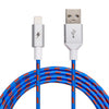 A close-up image of the blue braided ChargeCords Varsity Lightning Cable [5 ft / 1.5m length] with a lightning connector on one end and a standard USB connector on the other end. This Apple MFi Certified cable is engineered for charging and data transfer, showcasing a durable, colorful, tangle-proof fabric design.
