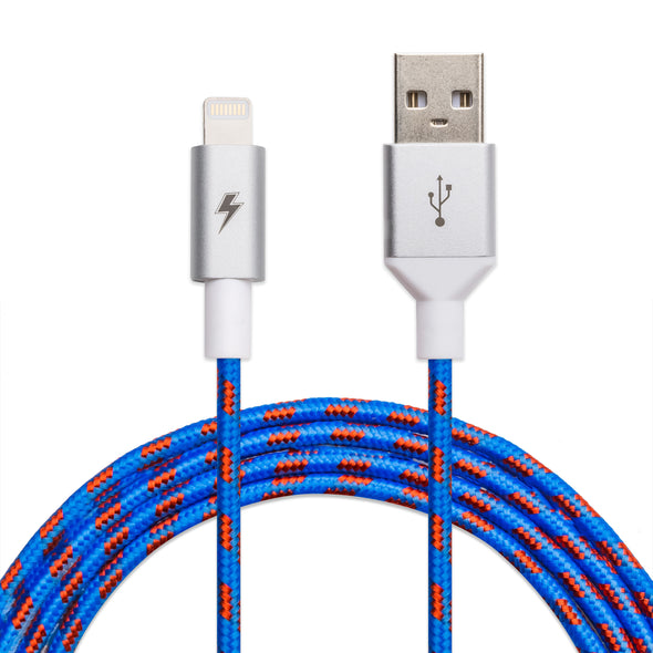 A close-up image of the blue braided ChargeCords Varsity Lightning Cable [5 ft / 1.5m length] with a lightning connector on one end and a standard USB connector on the other end. This Apple MFi Certified cable is engineered for charging and data transfer, showcasing a durable, colorful, tangle-proof fabric design.
