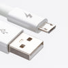 Close-up image of two cables: one with a rectangular USB-A connector on the bottom and the other with a smaller, flat Micro-USB connector on the top. Both cables are from ChargeCords' Pink Lemonade Micro USB Cable line, and feature white exteriors with reinforced aluminum shielding and metallic ends, along with symbols indicating their types.